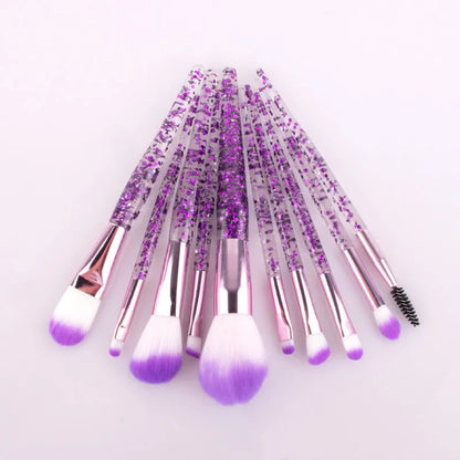 10-piece makeup brush set with nylon bristles, long rod plastic handles and powder-filled handle, pink or purple, 11cm