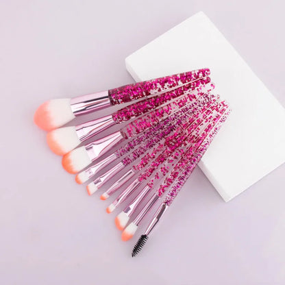 10-piece makeup brush set with nylon bristles, long rod plastic handles and powder-filled handle, pink or purple, 11cm