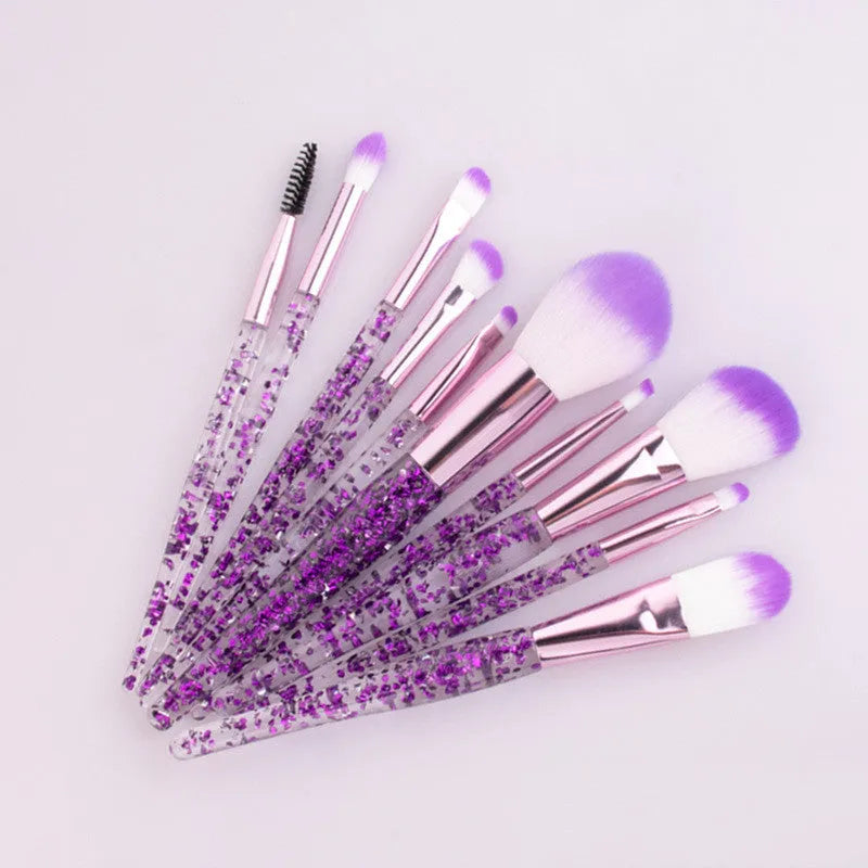 10-piece makeup brush set with nylon bristles, long rod plastic handles and powder-filled handle, pink or purple, 11cm
