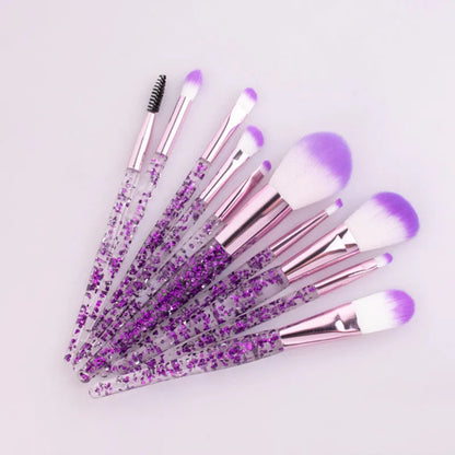 10-piece makeup brush set with nylon bristles, long rod plastic handles and powder-filled handle, pink or purple, 11cm
