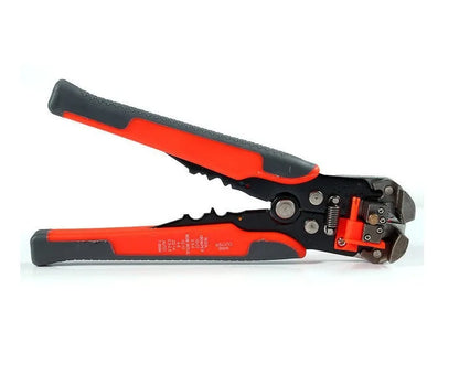 Yellow automatic 3-in-1 wire stripper and crimping plier tool on a workbench