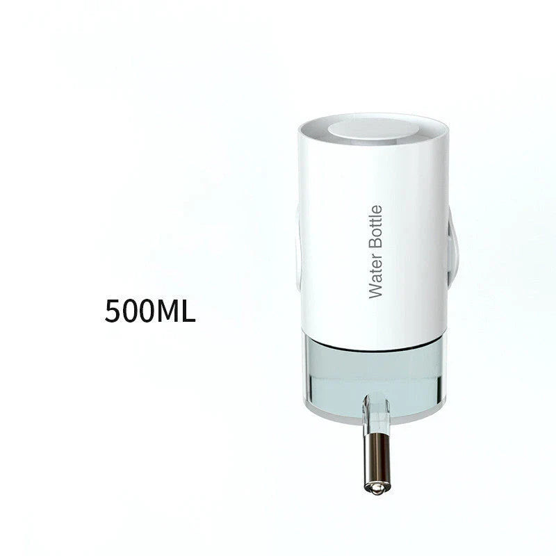 Hanging pet water dispenser with 360-degree rotation adjustment, available in blue, sky blue, pink, and white colors with 500ml or 700ml capacity