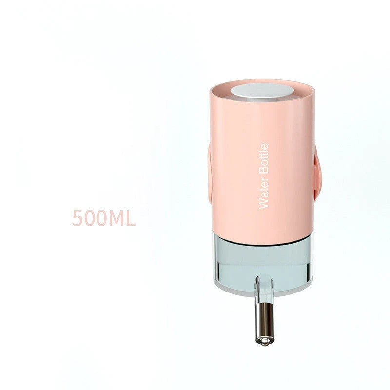 Hanging pet water dispenser with 360-degree rotation adjustment, available in blue, sky blue, pink, and white colors with 500ml or 700ml capacity