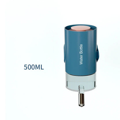Hanging pet water dispenser with 360-degree rotation adjustment, available in blue, sky blue, pink, and white colors with 500ml or 700ml capacity