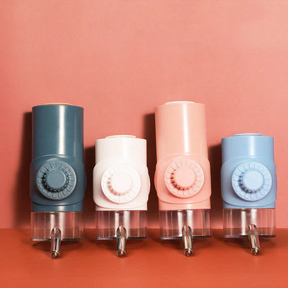 Hanging pet water dispenser with 360-degree rotation adjustment, available in blue, sky blue, pink, and white colors with 500ml or 700ml capacity