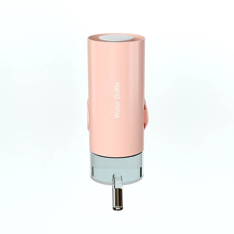 Hanging pet water dispenser with 360-degree rotation adjustment, available in blue, sky blue, pink, and white colors with 500ml or 700ml capacity