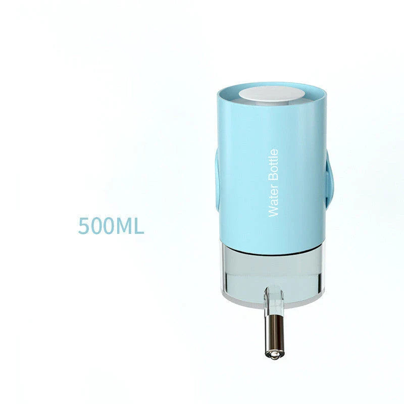 Hanging pet water dispenser with 360-degree rotation adjustment, available in blue, sky blue, pink, and white colors with 500ml or 700ml capacity