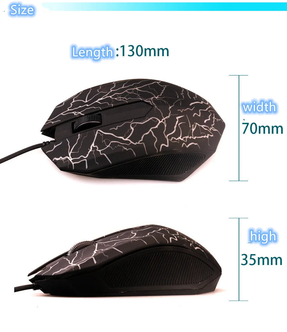 Black wired USB optical mouse, 2400 DPI, 6 buttons, 1.45m cable, 14x7x3.5cm for desktop PC.