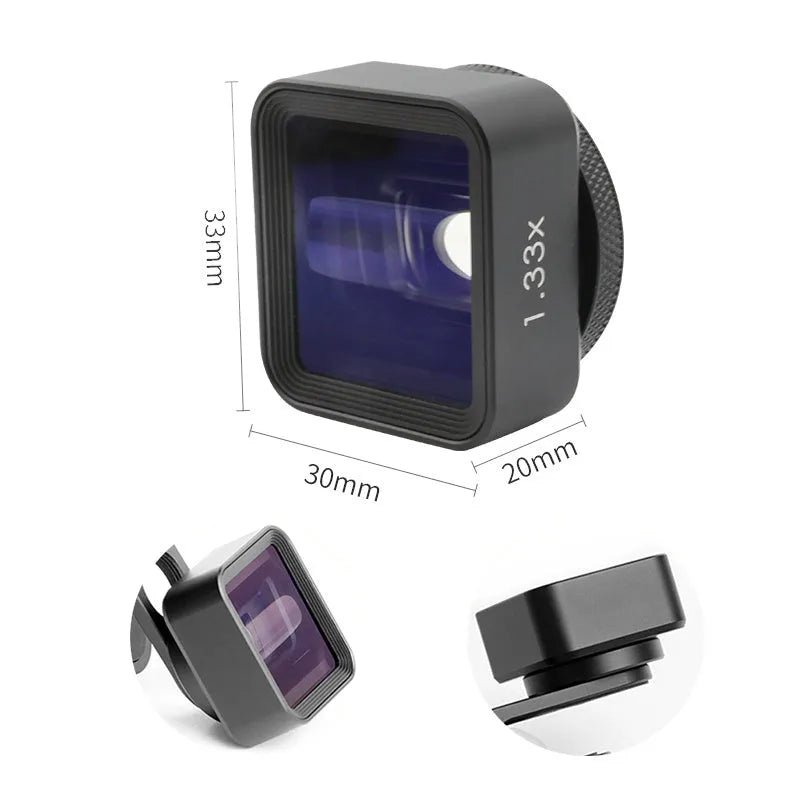 Black SANYK 1.33x anamorphic widescreen lens for mobile phones with 30mm diameter and 17mm thread