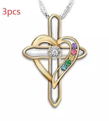 Men's Cross Love colorful imitation gemstone pendant alloy clavicle chain with adjustable length
