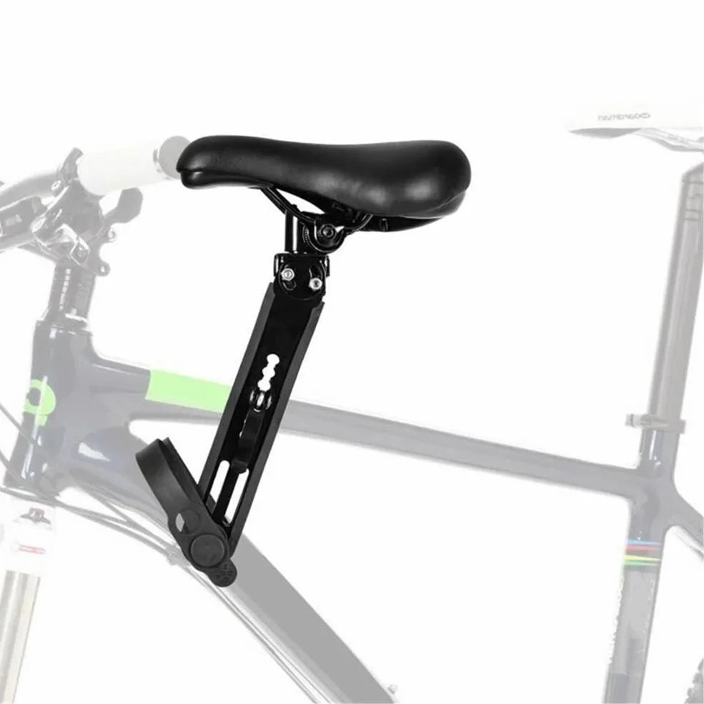 Black front-mounted kids bicycle seat with quick-release attachment for mountain bikes