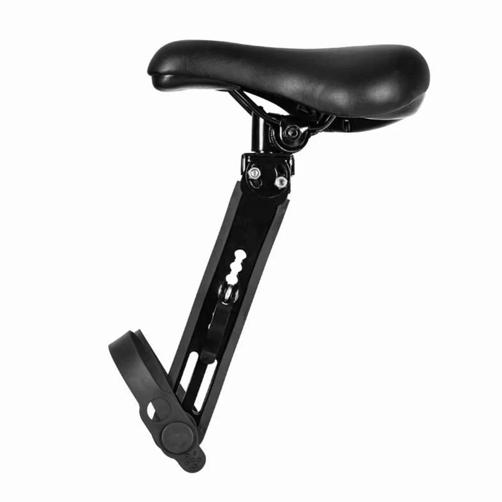 Black front-mounted kids bicycle seat with quick-release attachment for mountain bikes