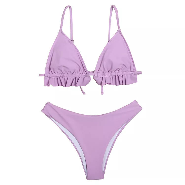 Ladies solid color ruffled split swimsuit with backless design