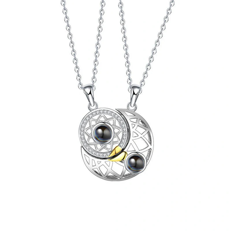 Personalized Sun and Moon Projection Necklace showcasing 100 languages I love you engraving