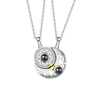 Personalized Sun and Moon Projection Necklace showcasing 100 languages I love you engraving