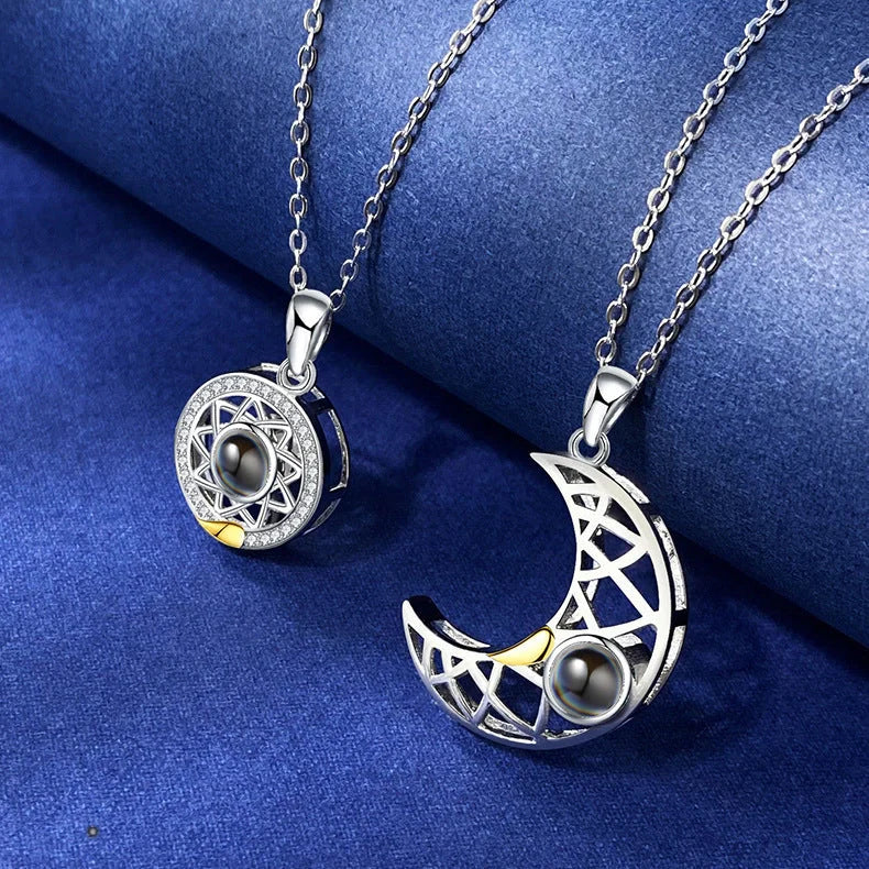 Personalized Sun and Moon Projection Necklace showcasing 100 languages I love you engraving
