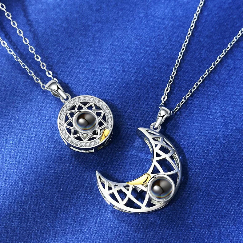Personalized Sun and Moon Projection Necklace showcasing 100 languages I love you engraving