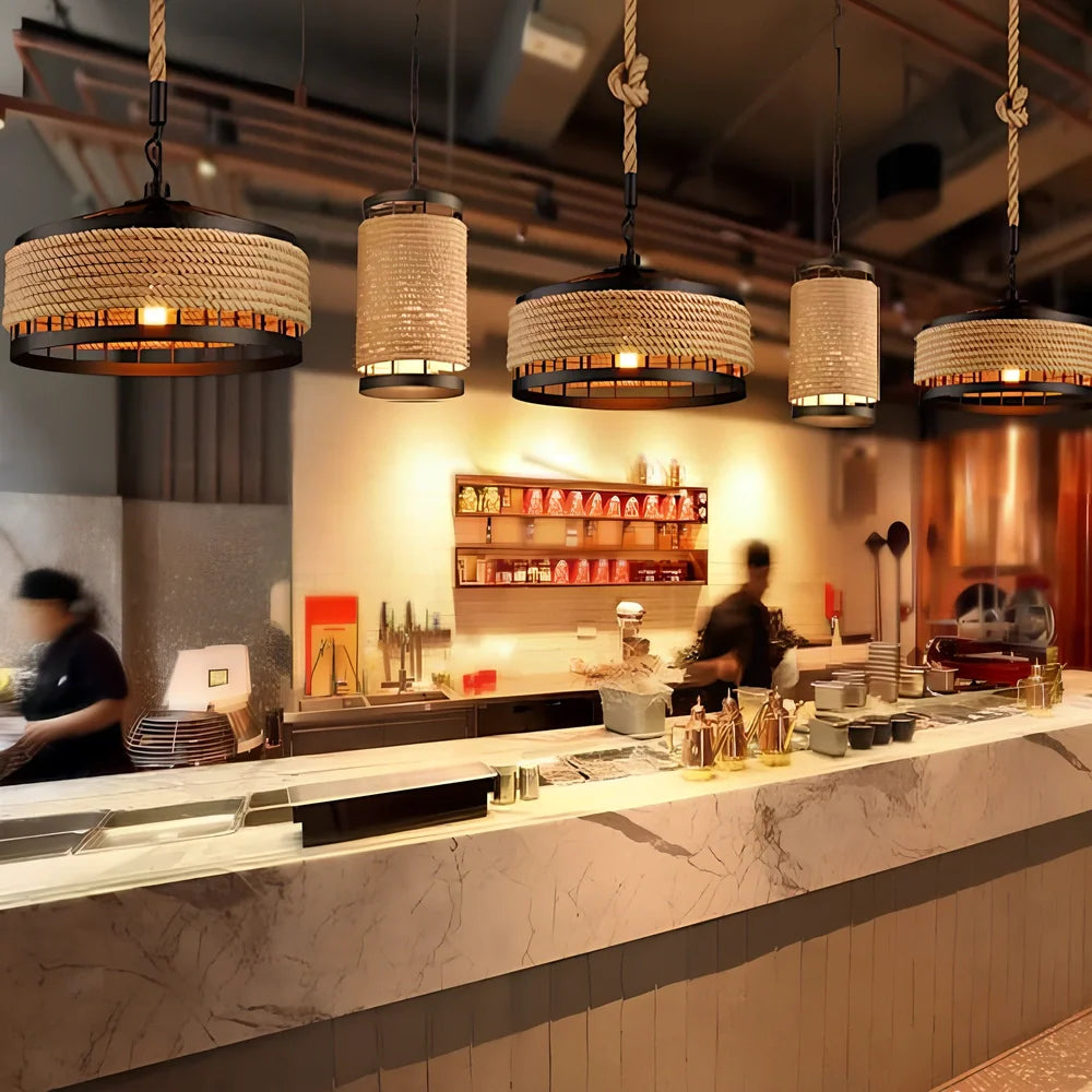 American country hemp rope chandelier with 40cm iron diameter and LED lighting