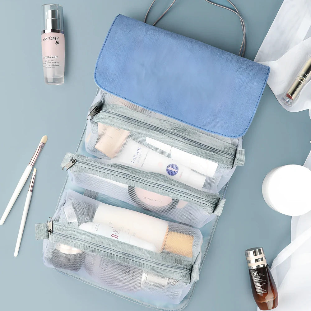 Grey foldable make-up bag with 4 mesh compartments showing 53cm expanded length