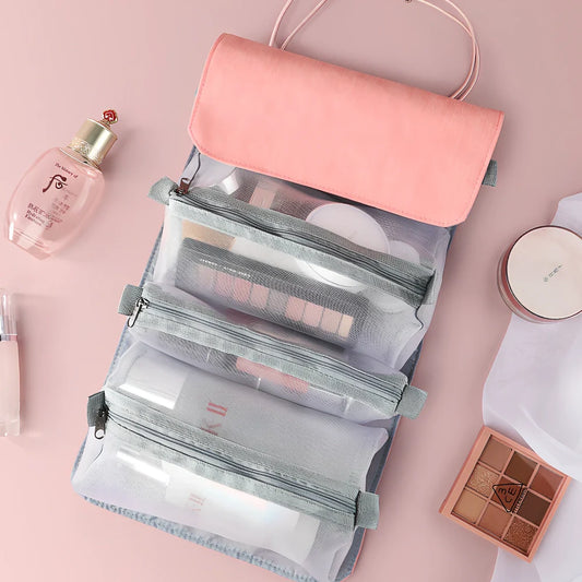 Grey foldable make-up bag with 4 mesh compartments showing 53cm expanded length