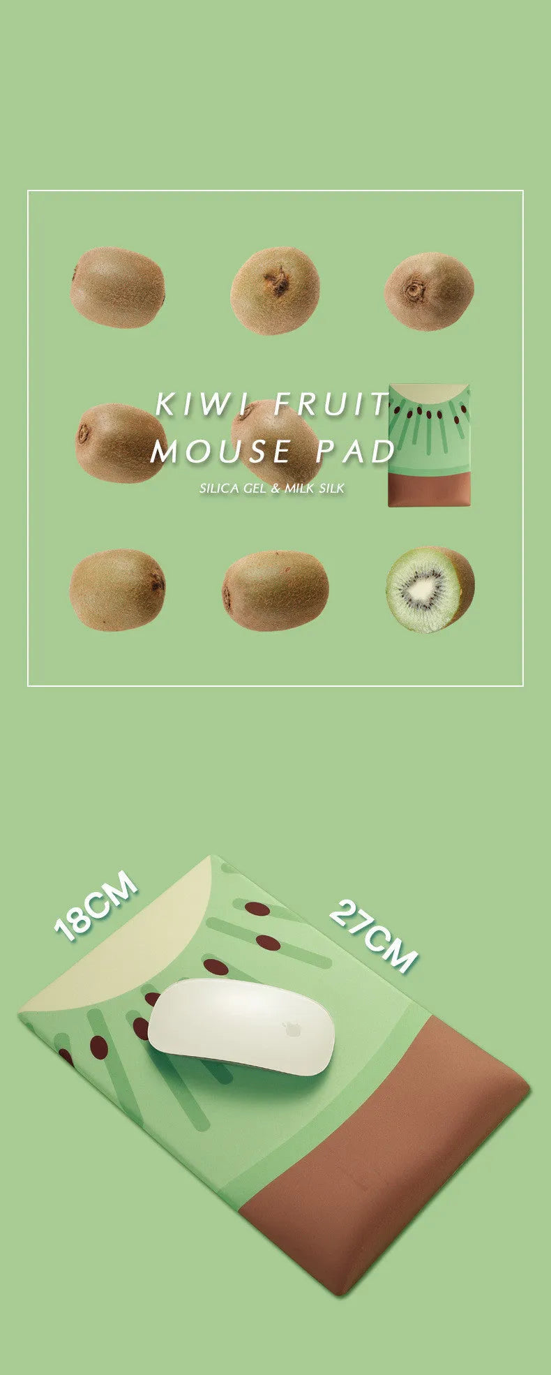 Green kiwi-shaped mouse pad with 20mm thick silicone wrist support on office desk