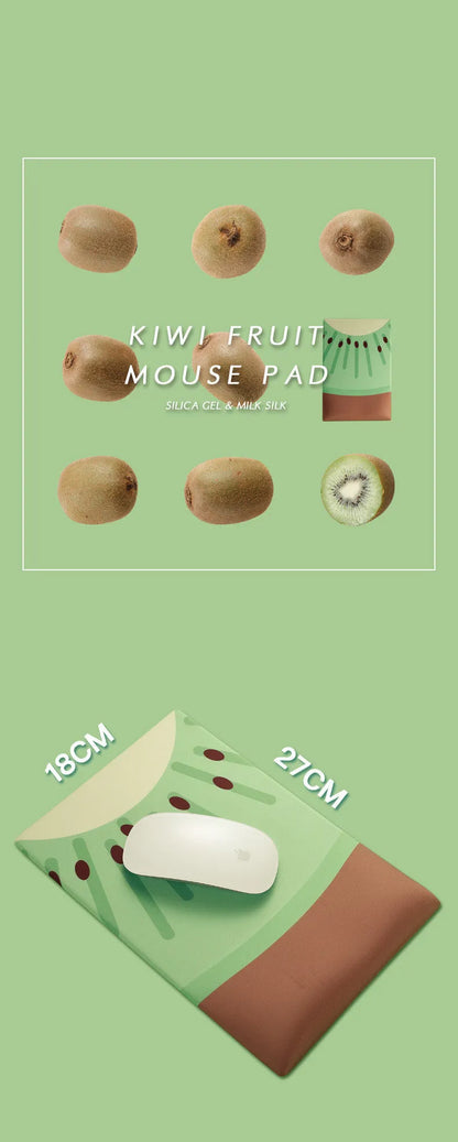 Green kiwi-shaped mouse pad with 20mm thick silicone wrist support on office desk