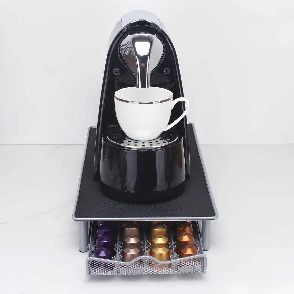 Silver grey coffee capsule drawer holder with iron construction measuring 25cm wide