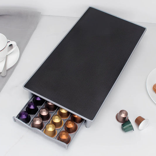 Silver grey coffee capsule drawer holder with iron construction measuring 25cm wide