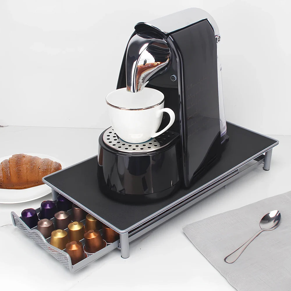 Silver grey coffee capsule drawer holder with iron construction measuring 25cm wide