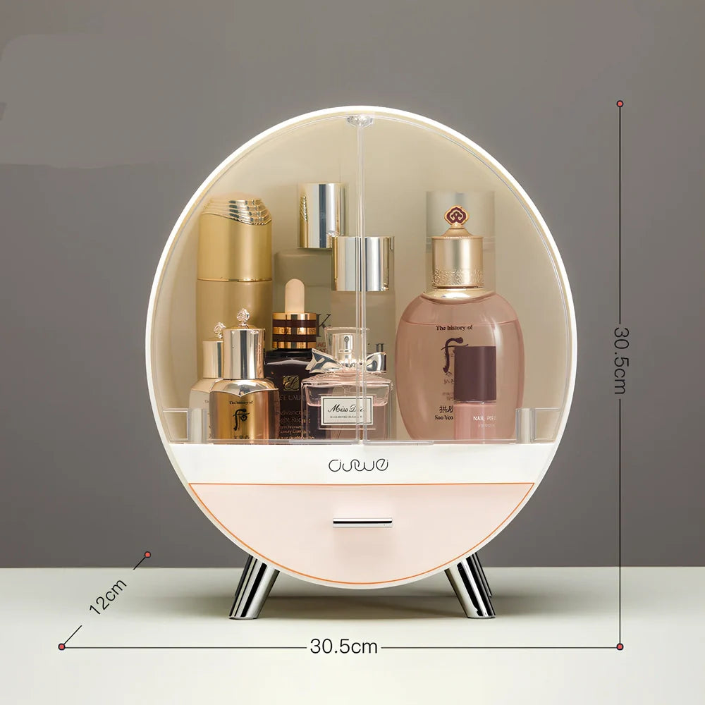 Grey desktop storage organiser with drawer open showing cosmetic storage capacity