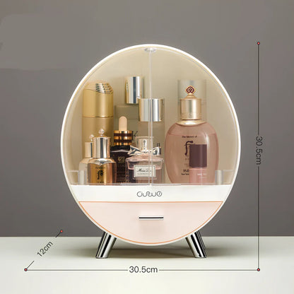 Grey desktop storage organiser with drawer open showing cosmetic storage capacity