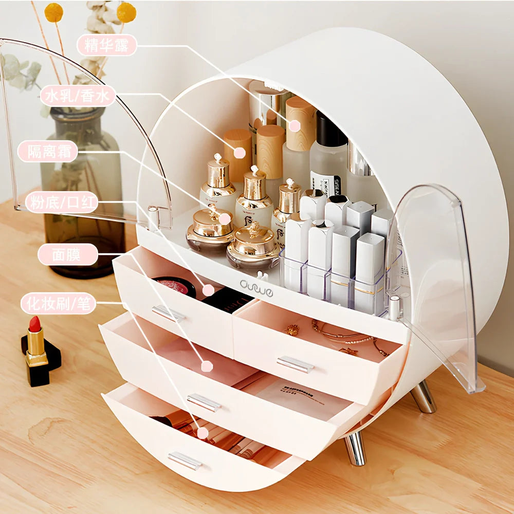 Grey desktop storage organiser with drawer open showing cosmetic storage capacity