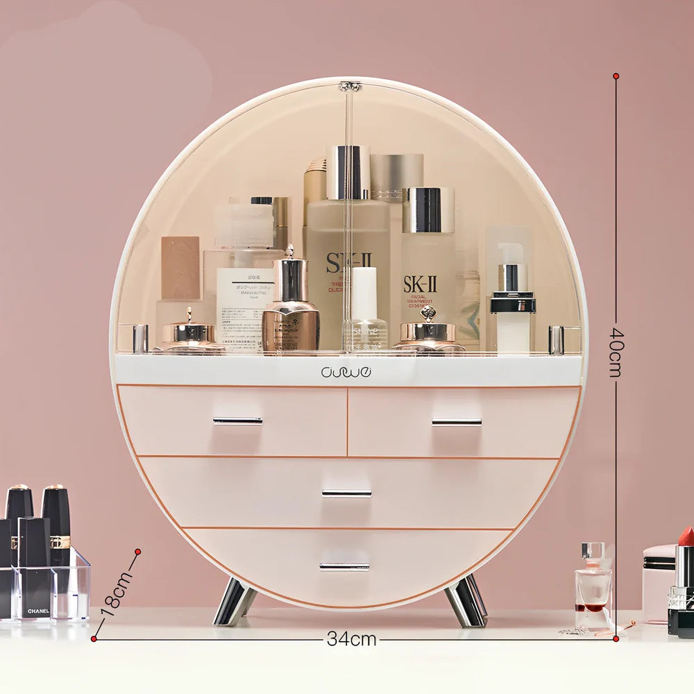 Grey desktop storage organiser with drawer open showing cosmetic storage capacity