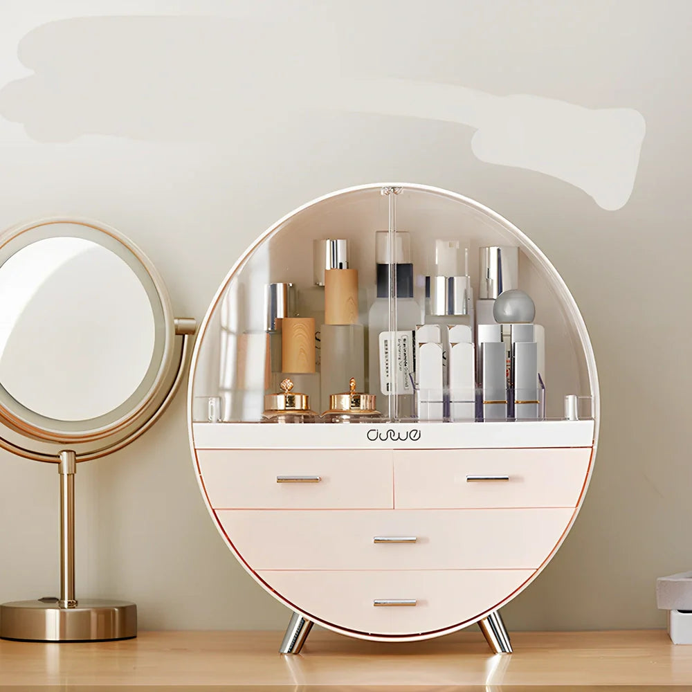 Grey desktop storage organiser with drawer open showing cosmetic storage capacity