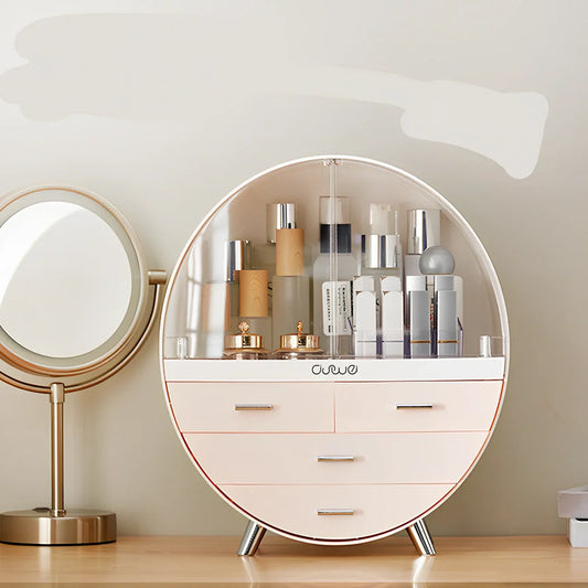 Grey desktop storage organiser with drawer open showing cosmetic storage capacity