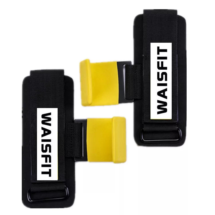 Power-assisted hook belt for fitness workouts in blue, red, yellow, and black