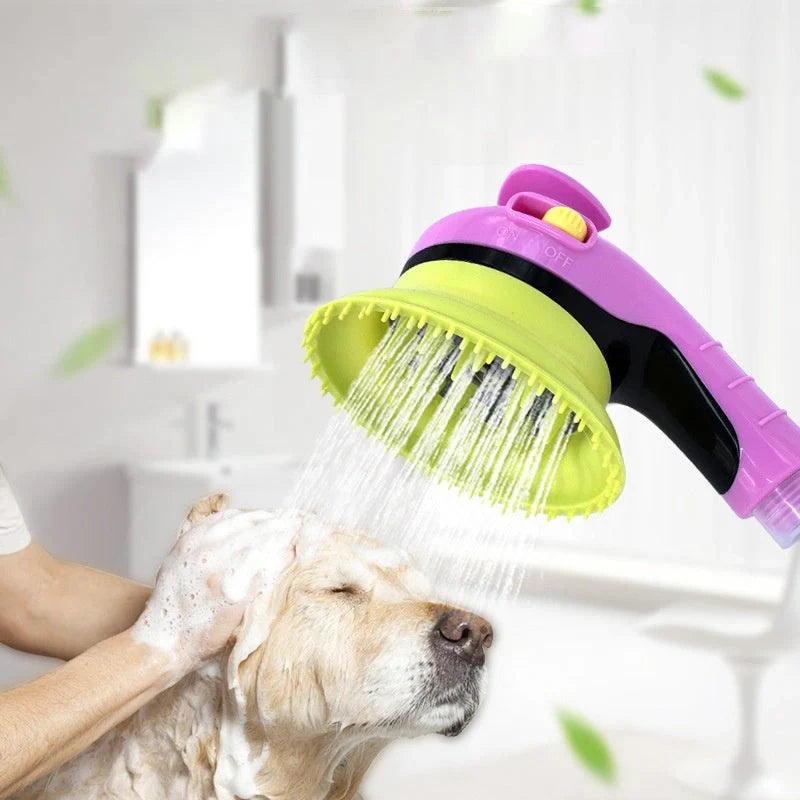 Pet Shower Kit with massage brush for cats and dogs in blue, orange, pink, and yellow