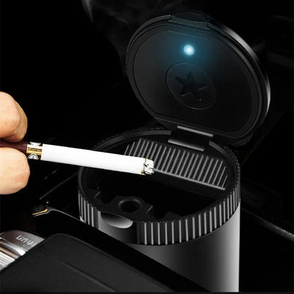 Sleek car ashtray with lid that seals in odors and safely contains cigarette butts without leaving marks
