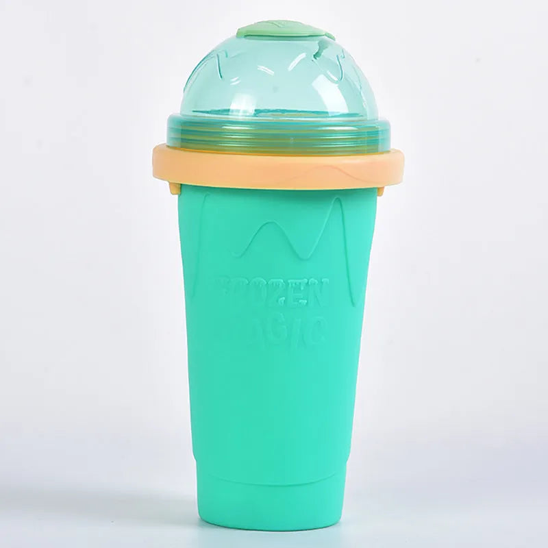 Silicone quick-freeze slush maker cup in mint green with lid and straw spoon