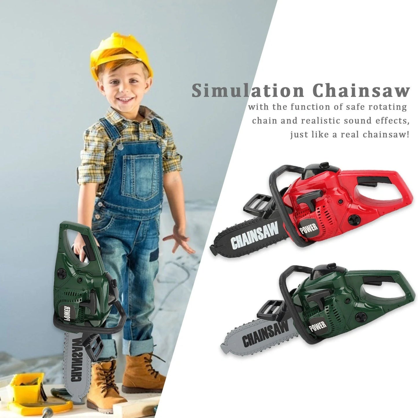 Kids electric chainsaw toy with real engine sound, red color, safe for children