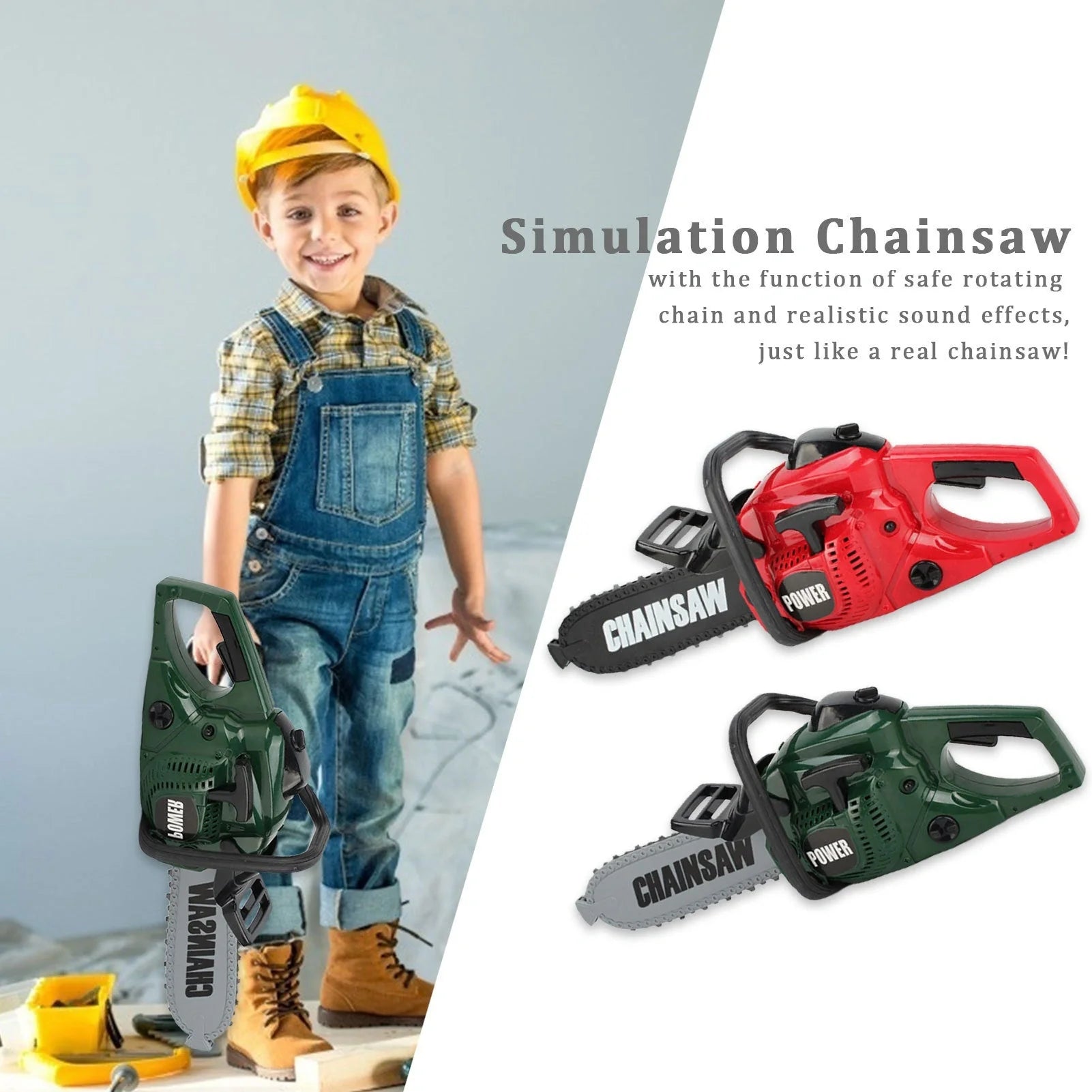 Kids electric chainsaw toy with real engine sound, red color, safe for children