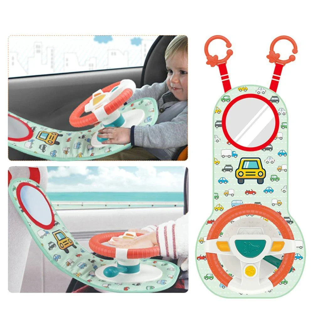 Interactive musical steering wheel toy with lights, sounds, and adjustable height for babies and toddlers