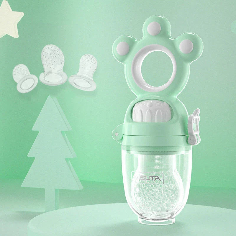 Fruit-infused baby pacifier feeder with mesh design, made of safe, high-quality silicone material