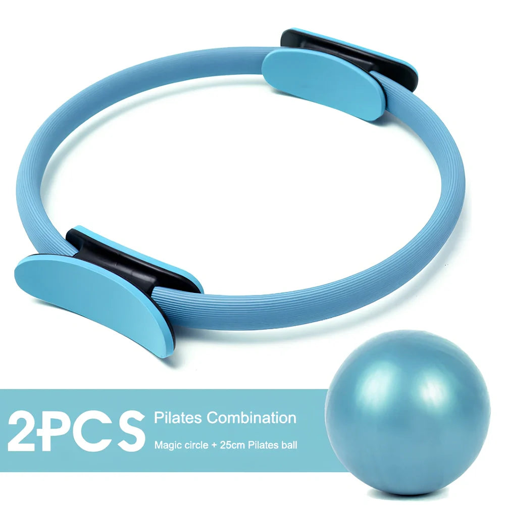 5-piece yoga equipment set showing 38cm Pilates circle, 25cm ball, 183cm belt, 150cm strap, 24cm ring