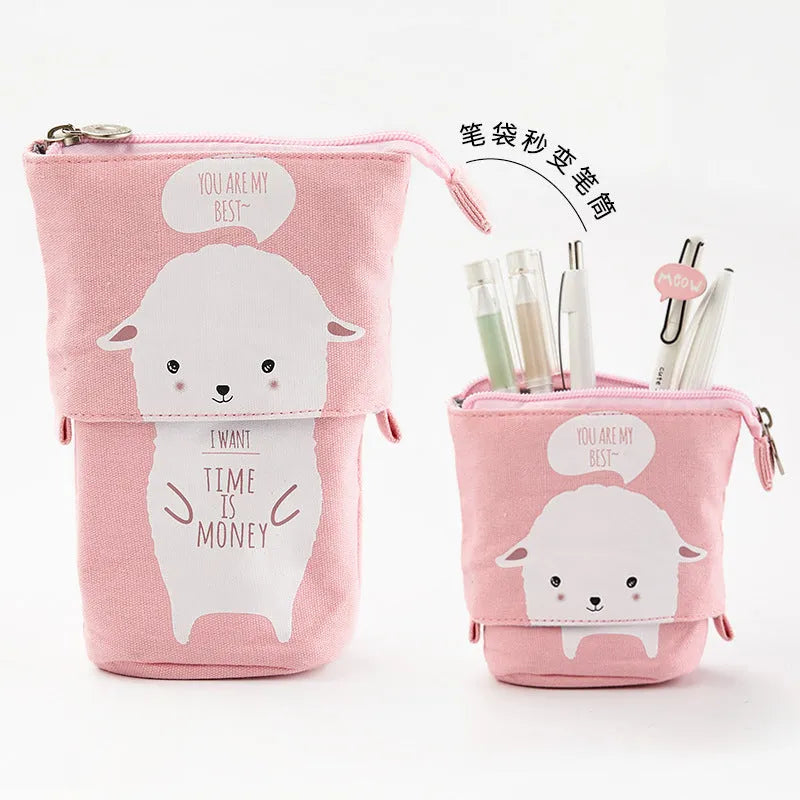 Round Korean-style canvas pencil case with cartoon animal pattern measuring 19cm