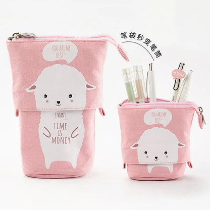 Round Korean-style canvas pencil case with cartoon animal pattern measuring 19cm