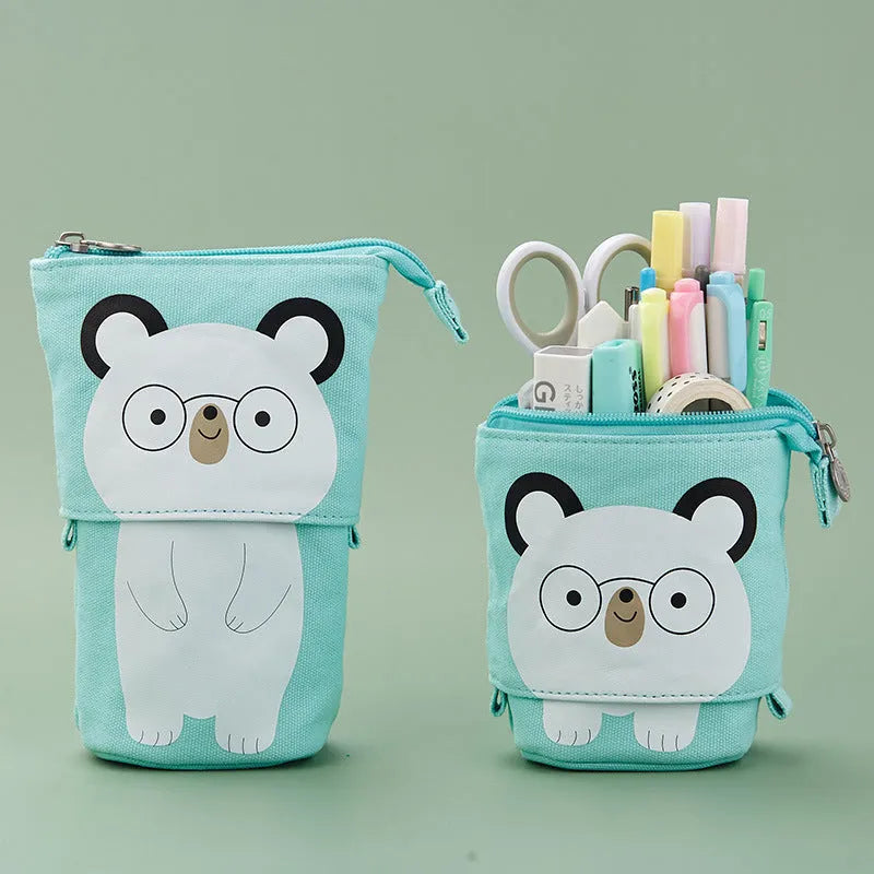 Round Korean-style canvas pencil case with cartoon animal pattern measuring 19cm