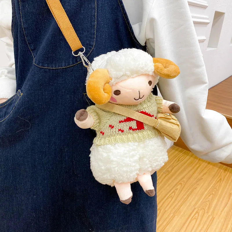 Little Sheep plush crossbody bag, small square women's messenger bag with zipper opening and colour-contrast lamb pattern, available in blue or khaki with soft handle and medium-soft texture