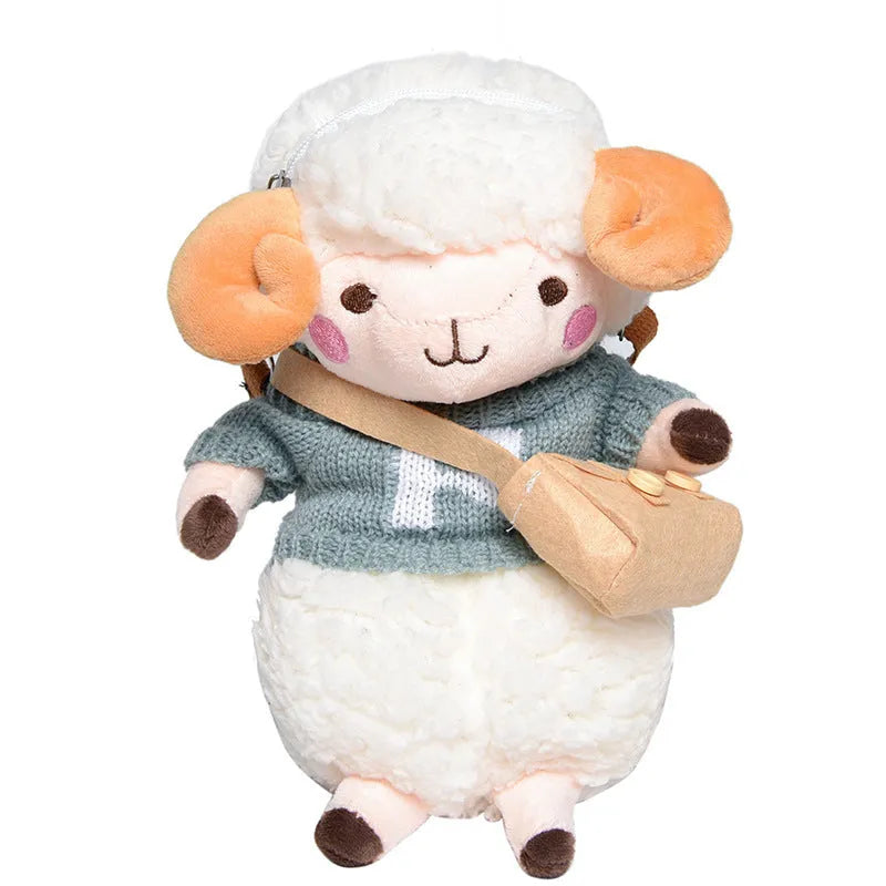 Little Sheep plush crossbody bag in blue, showing square shape, lamb pattern, and zipper.