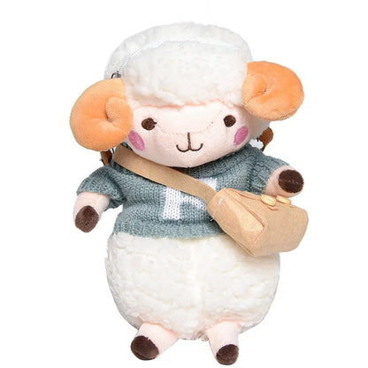 Little Sheep plush crossbody bag in blue, showing square shape, lamb pattern, and zipper.